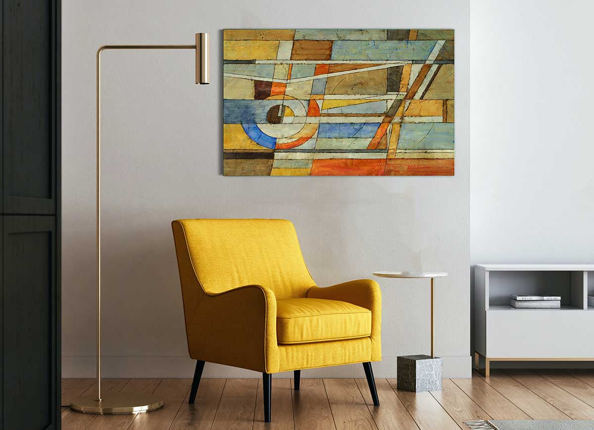 A vibrant glass print featuring abstract grids of colors, perfect for modern home decor.