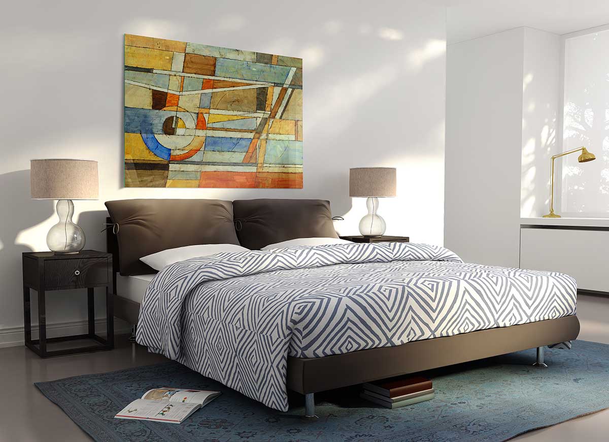 A vibrant glass print featuring abstract grids of colors, perfect for modern home decor.