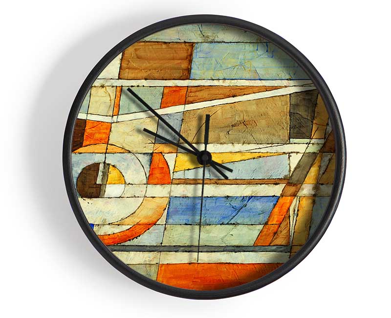 Abstract Grids Of Colours clock made from natural bamboo with a round face, available in black, white, and natural frame colors.