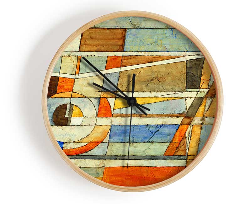 Abstract Grids Of Colours clock made from natural bamboo with a round face, available in black, white, and natural frame colors.