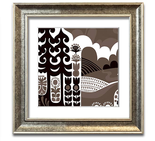 Abstract Hills Brown Square Framed Print with earthy tones, ready to hang, handmade in the UK.