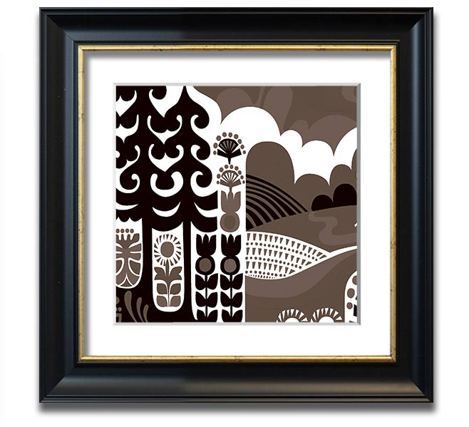 Abstract Hills Brown Square Framed Print with earthy tones, ready to hang, handmade in the UK.