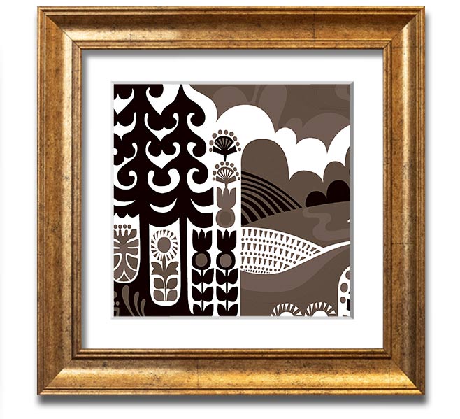 Abstract Hills Brown Square Framed Print with earthy tones, ready to hang, handmade in the UK.