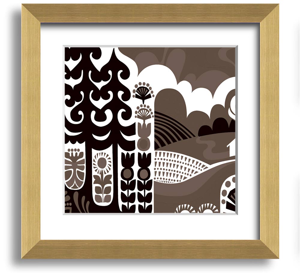 Abstract Hills Brown Square Framed Print with earthy tones, ready to hang, handmade in the UK.