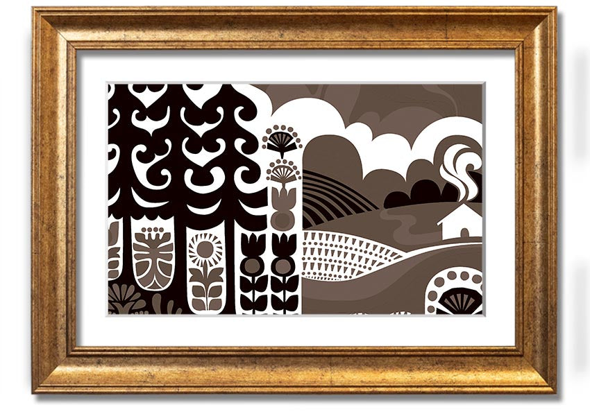 Abstract Hills Brown framed print with a unique design in warm brown tones, ready to hang.