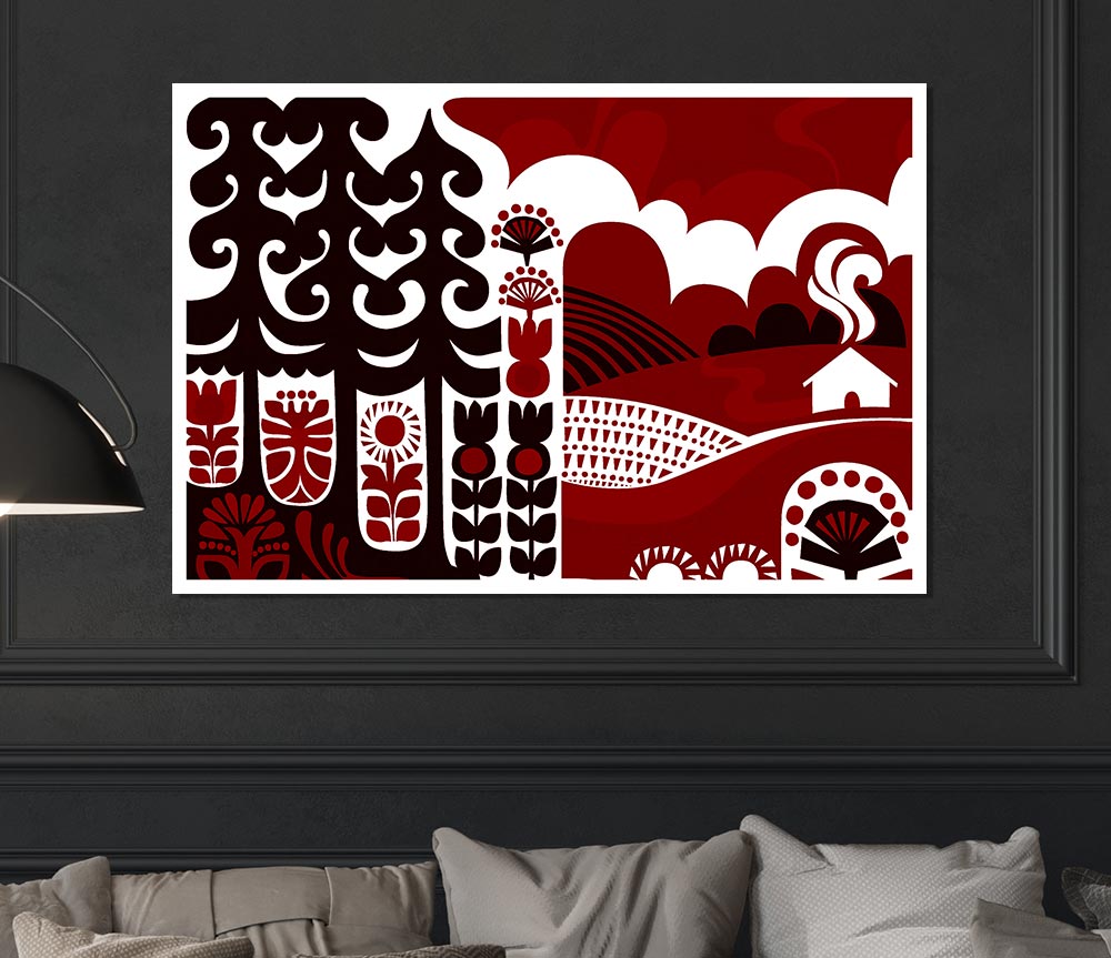 Abstract Hills Maroon canvas poster featuring vibrant maroon colors and an abstract design, ready for display or framing.