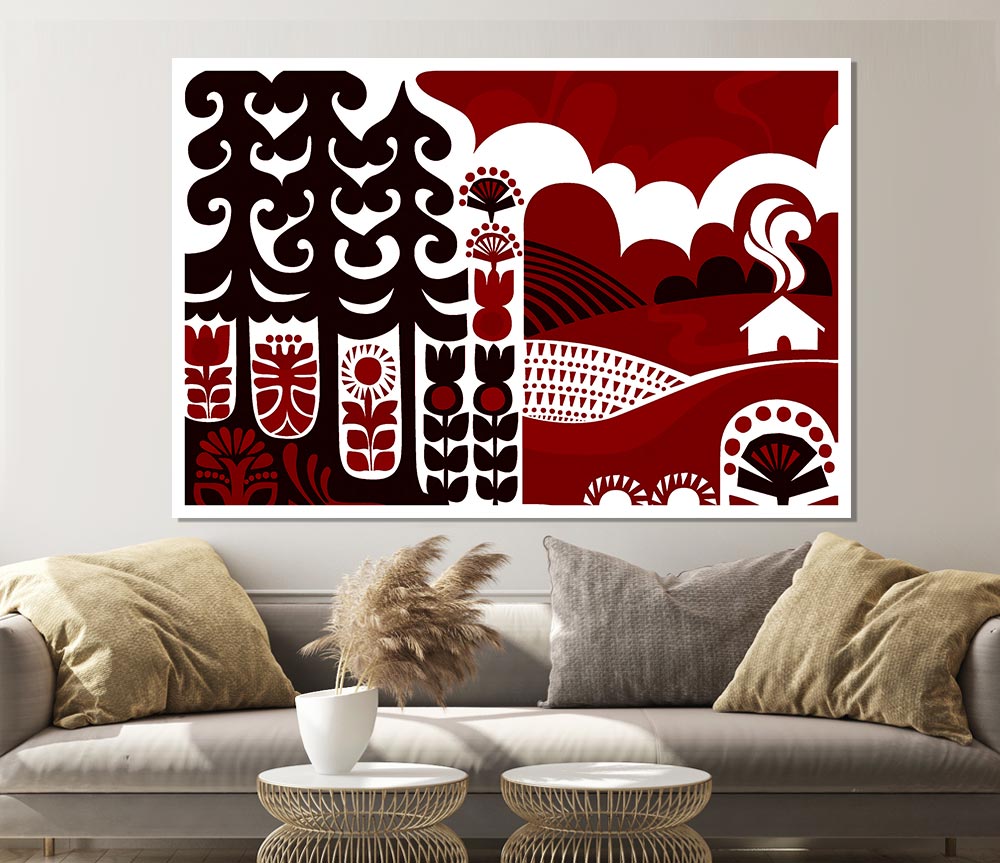 Abstract Hills Maroon canvas poster featuring vibrant maroon colors and an abstract design, ready for display or framing.