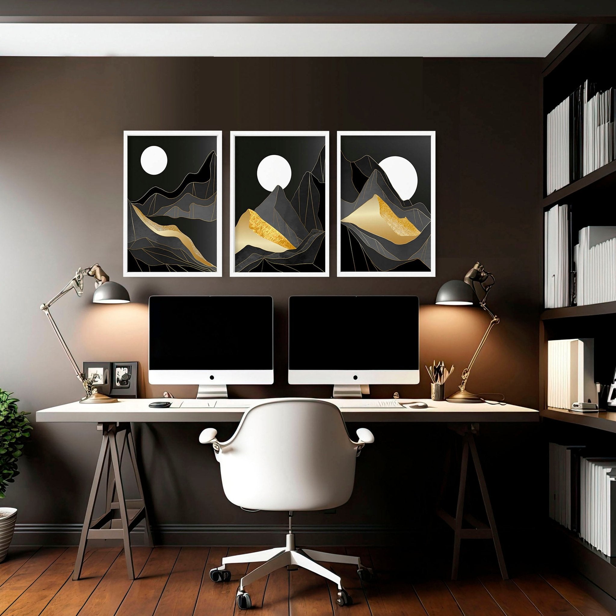 Set of 3 abstract landscape wall art prints featuring black, grey, and gold hues, perfect for modern home decor.