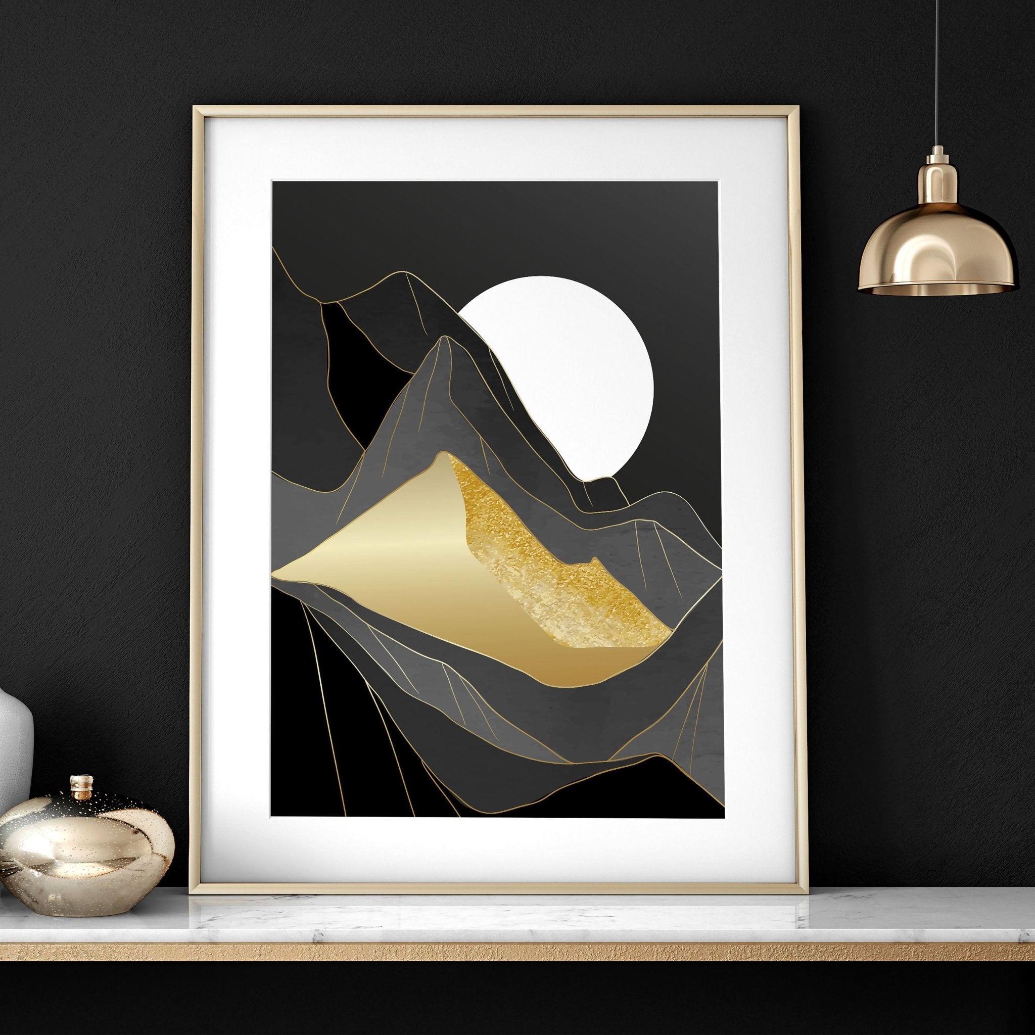 Set of 3 abstract landscape wall art prints featuring black, grey, and gold hues, perfect for modern home decor.