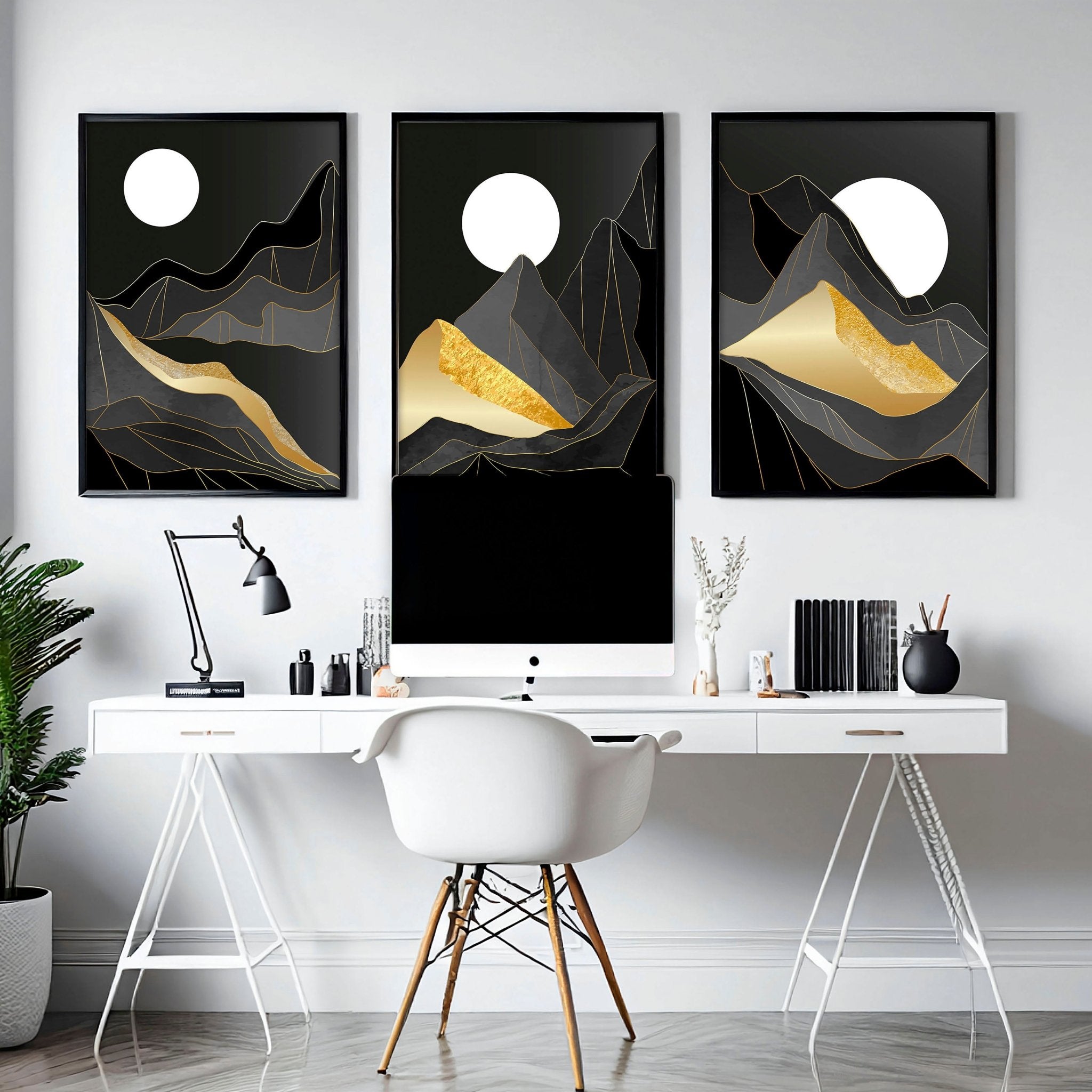 Set of 3 abstract landscape wall art prints featuring black, grey, and gold hues, perfect for modern home decor.