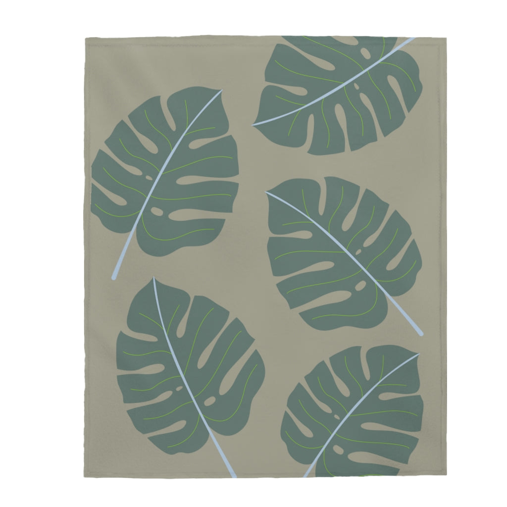 Abstract Leaves Green Plush Blanket Throw showcasing soft velveteen fabric with a stylish leaf design, perfect for cozy home decor.