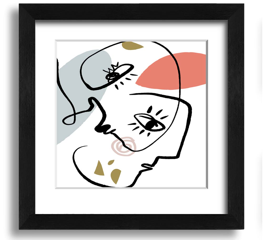 A square framed print featuring abstract line drawings of faces, showcasing minimalist art in various frame colors.