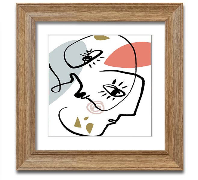 A square framed print featuring abstract line drawings of faces, showcasing minimalist art in various frame colors.