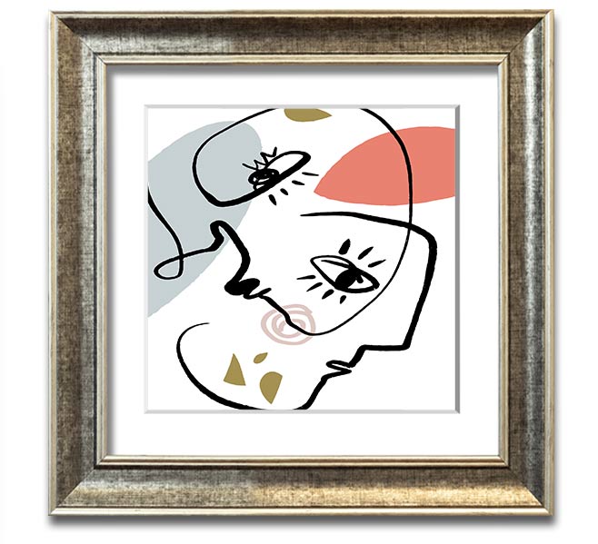 A square framed print featuring abstract line drawings of faces, showcasing minimalist art in various frame colors.