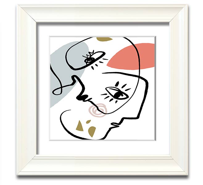 A square framed print featuring abstract line drawings of faces, showcasing minimalist art in various frame colors.