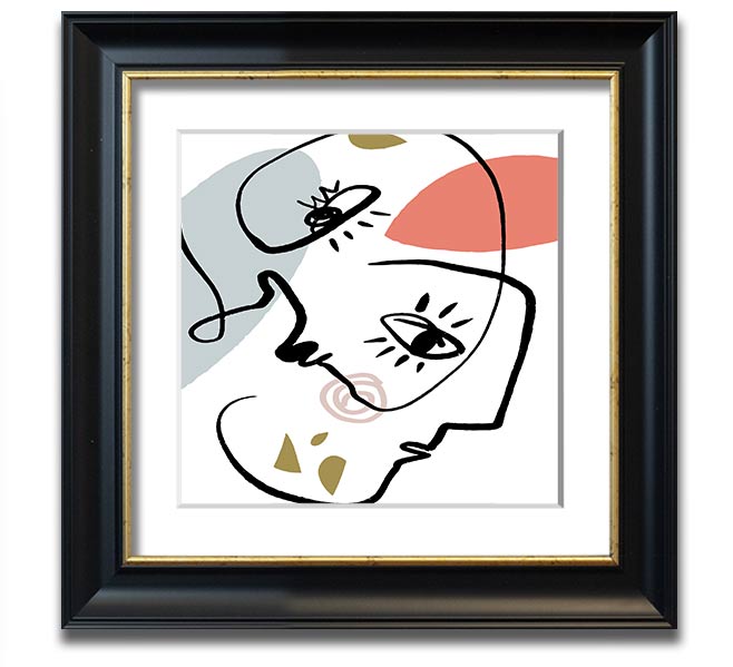 A square framed print featuring abstract line drawings of faces, showcasing minimalist art in various frame colors.