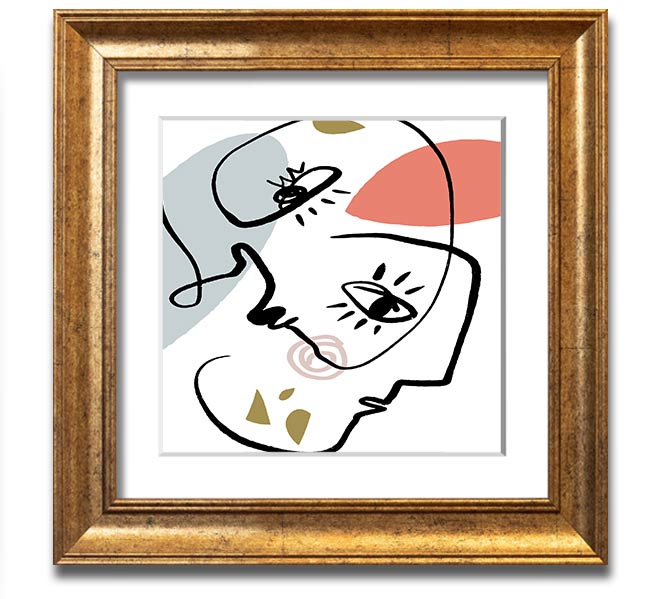 A square framed print featuring abstract line drawings of faces, showcasing minimalist art in various frame colors.