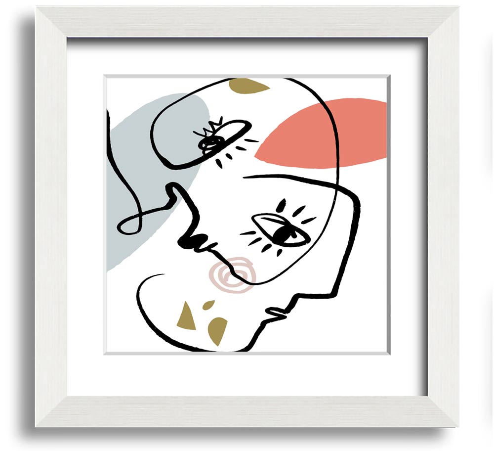 A square framed print featuring abstract line drawings of faces, showcasing minimalist art in various frame colors.