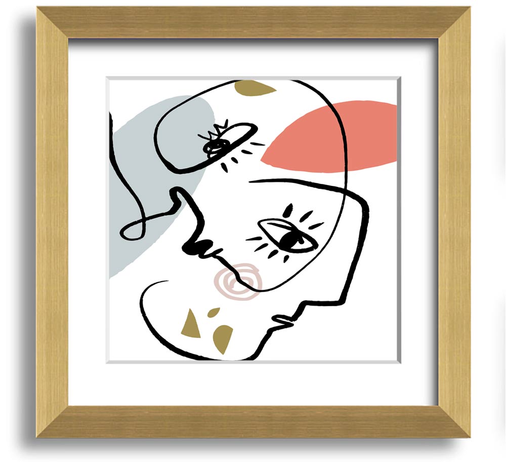 A square framed print featuring abstract line drawings of faces, showcasing minimalist art in various frame colors.