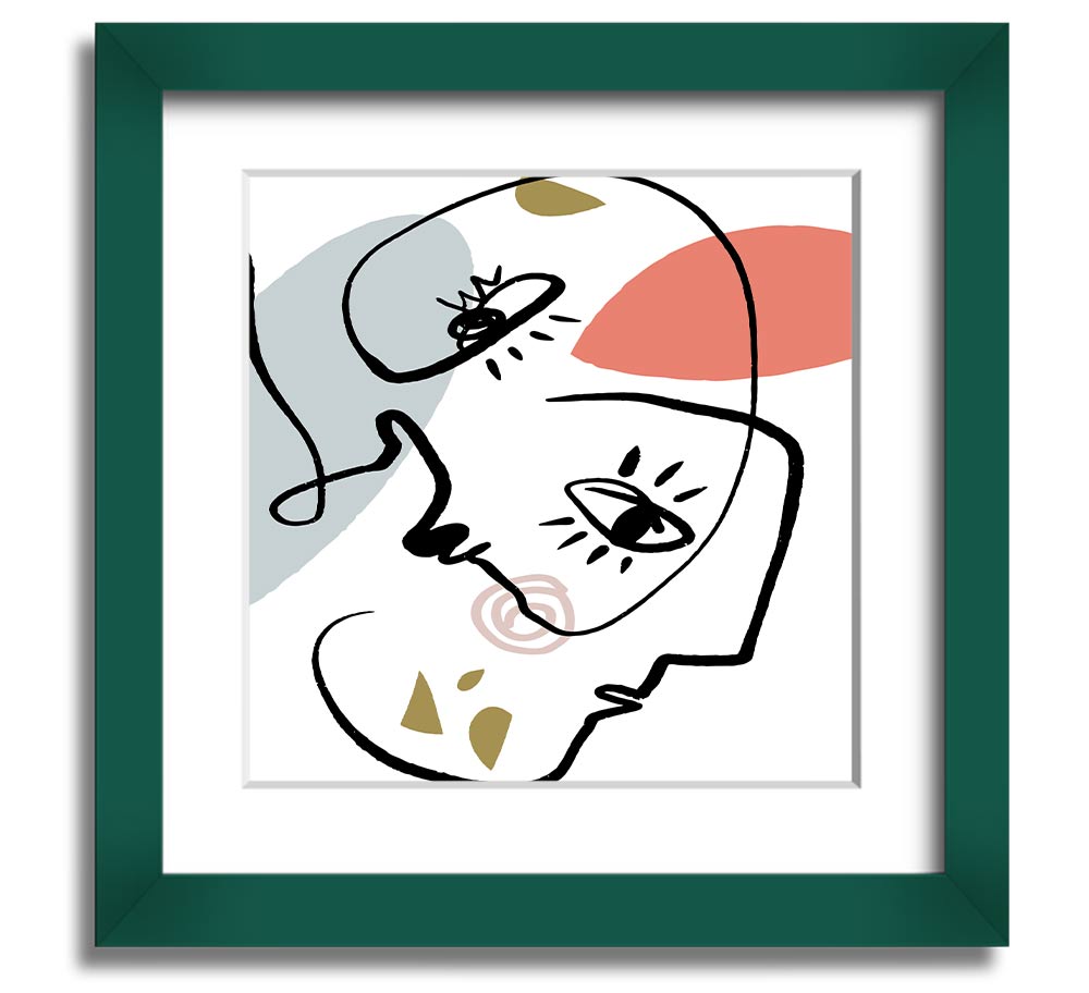 A square framed print featuring abstract line drawings of faces, showcasing minimalist art in various frame colors.