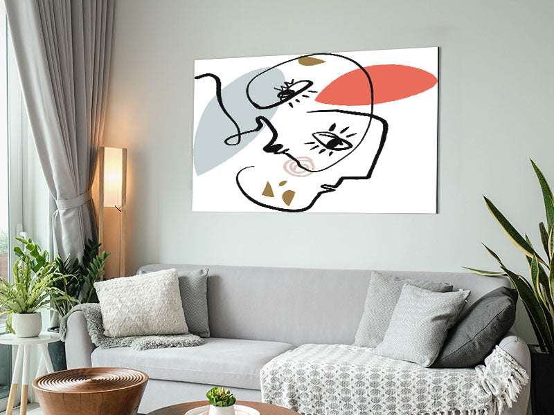 Abstract line drawing faces art printed on brushed aluminium dibond, showcasing modern design and minimalist style.