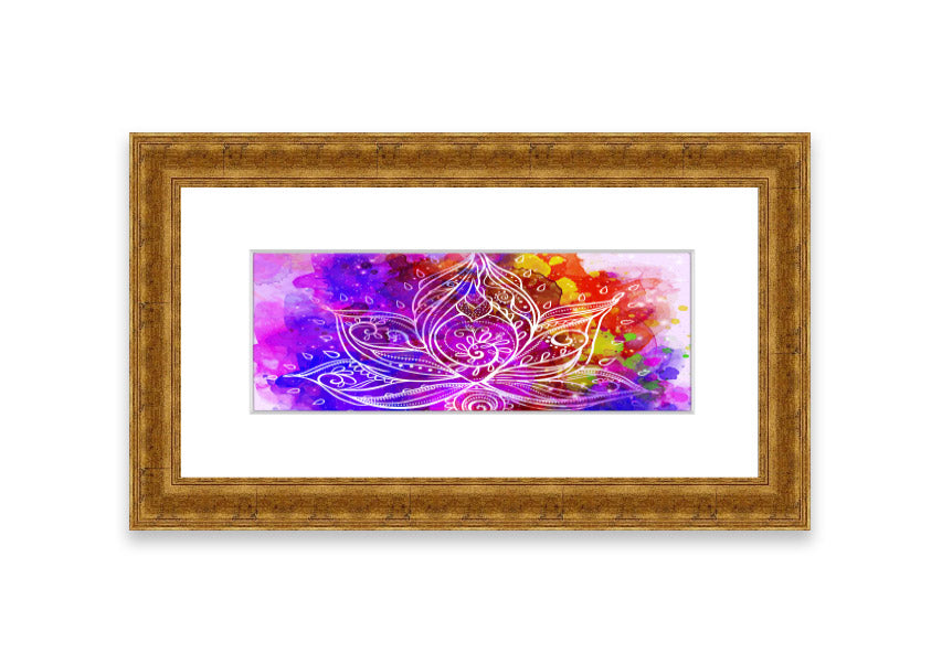 Framed print of abstract lotus leaves in various colors, elegantly displayed, ready to hang.