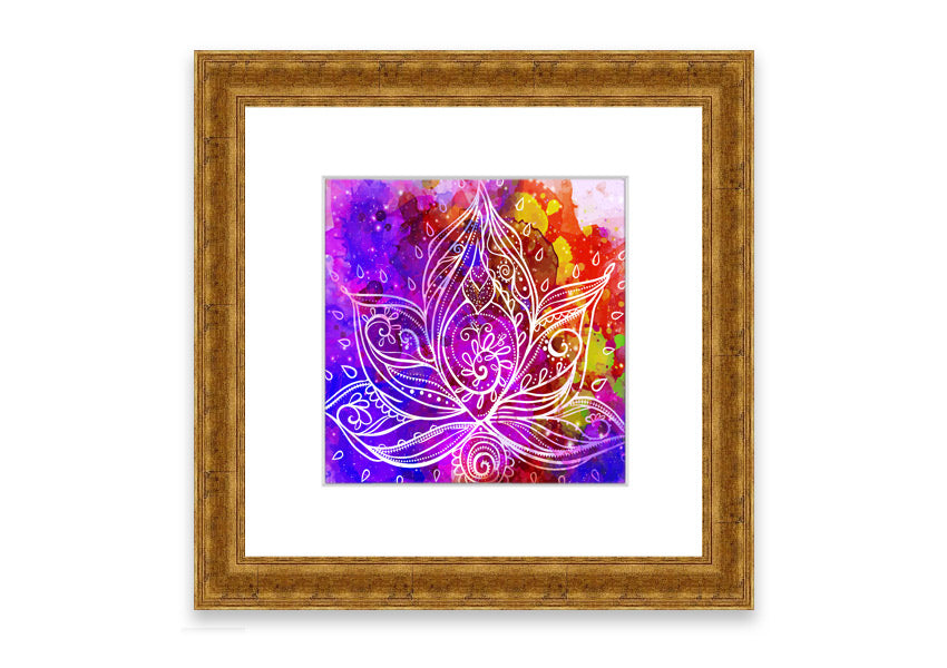 Framed print of abstract lotus leaves in various colors, elegantly displayed, ready to hang.