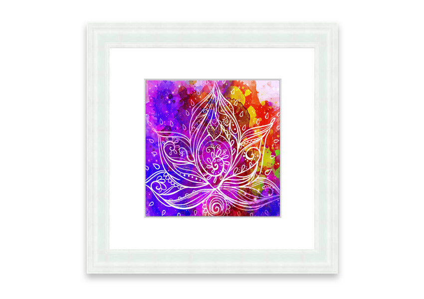 Framed print of abstract lotus leaves in various colors, elegantly displayed, ready to hang.