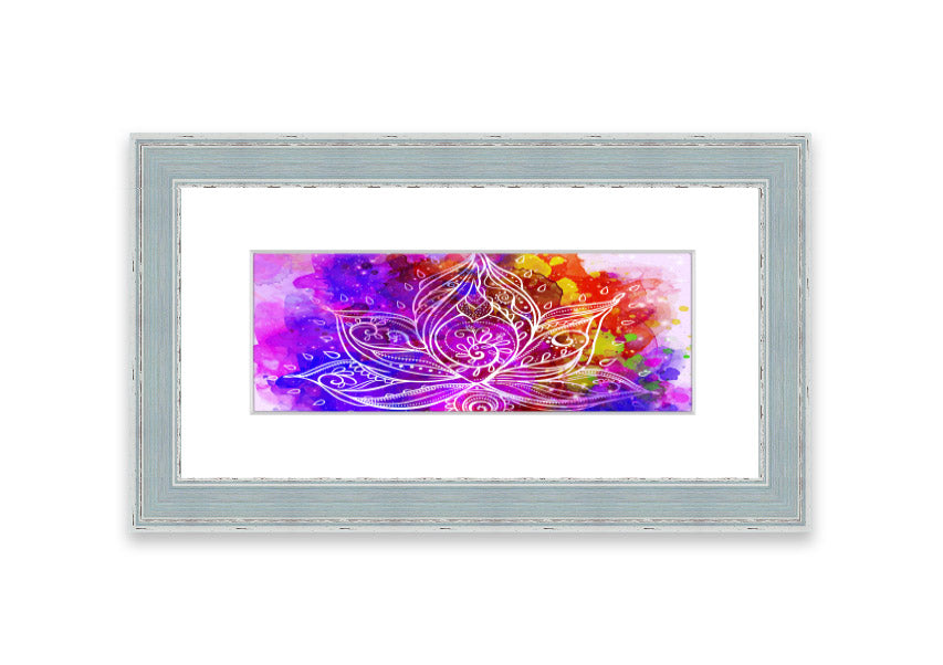 Framed print of abstract lotus leaves in various colors, elegantly displayed, ready to hang.