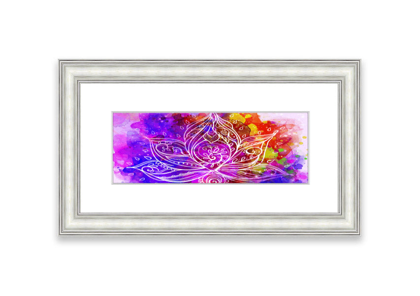 Framed print of abstract lotus leaves in various colors, elegantly displayed, ready to hang.