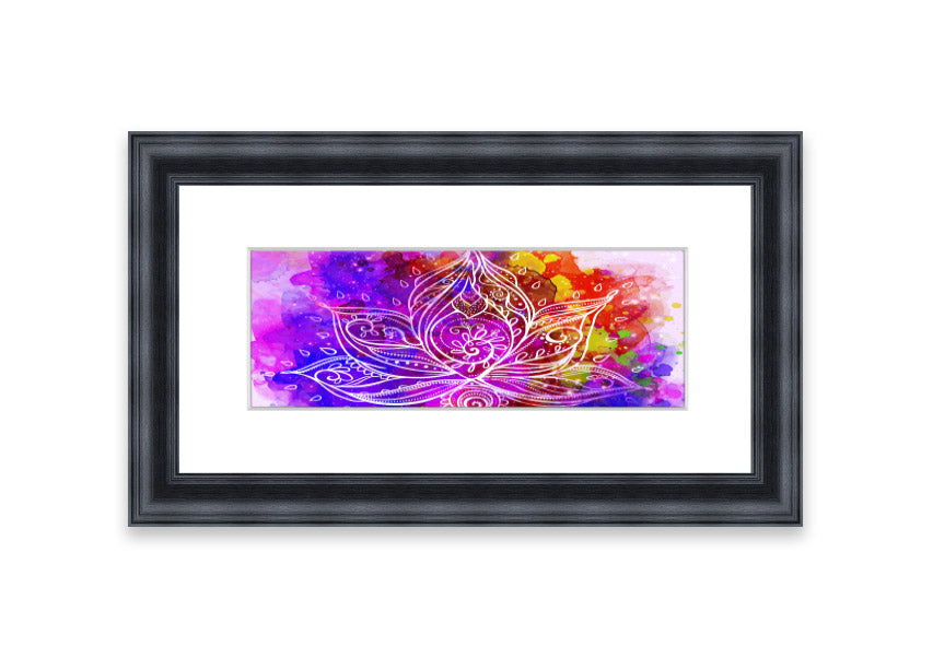 Framed print of abstract lotus leaves in various colors, elegantly displayed, ready to hang.