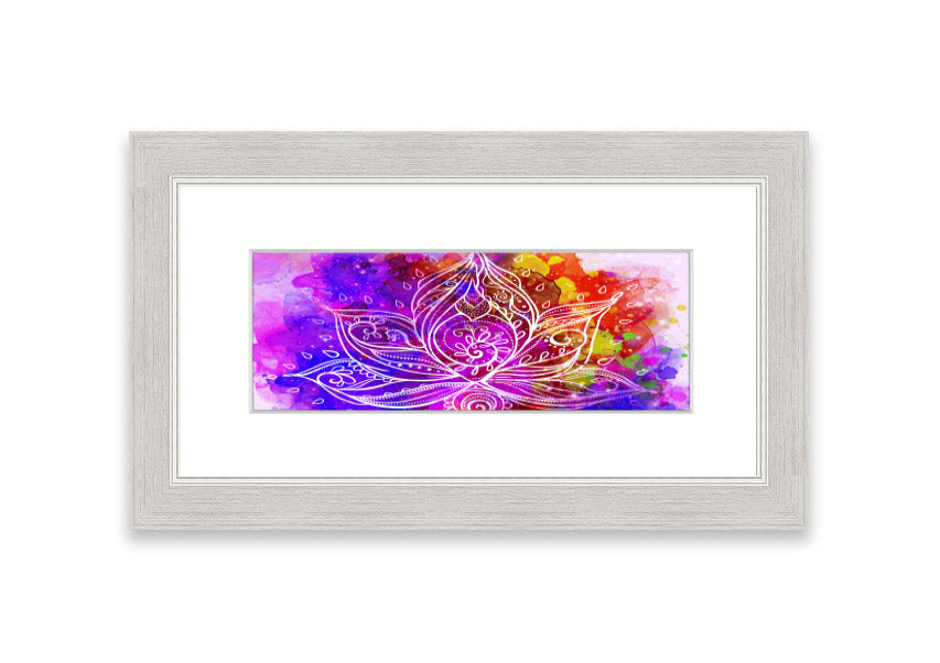 Framed print of abstract lotus leaves in various colors, elegantly displayed, ready to hang.