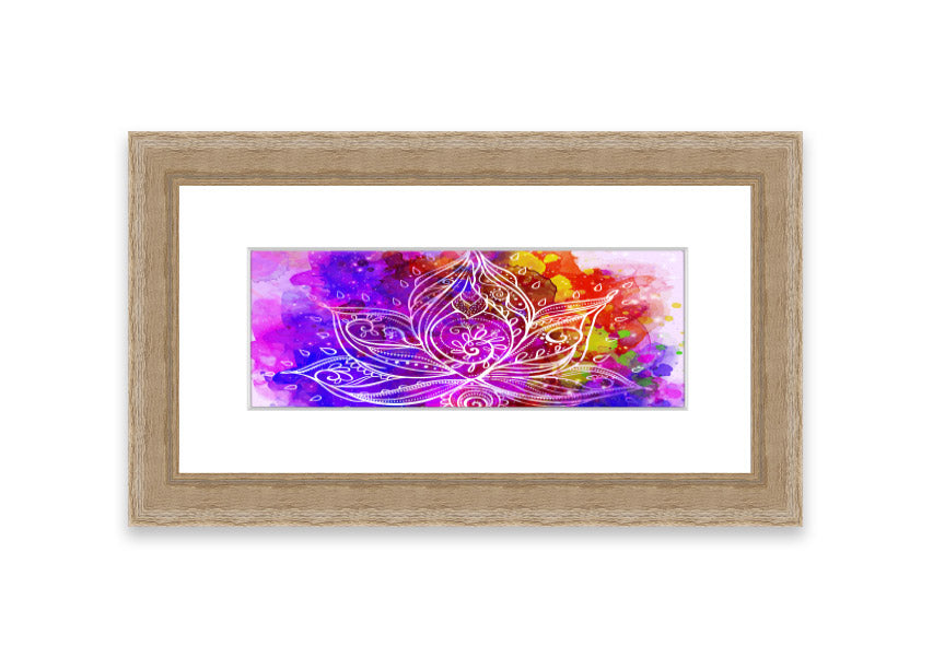 Framed print of abstract lotus leaves in various colors, elegantly displayed, ready to hang.