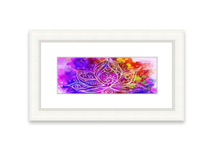 Framed print of abstract lotus leaves in various colors, elegantly displayed, ready to hang.