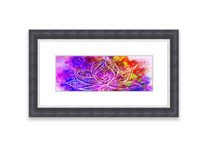 Framed print of abstract lotus leaves in various colors, elegantly displayed, ready to hang.