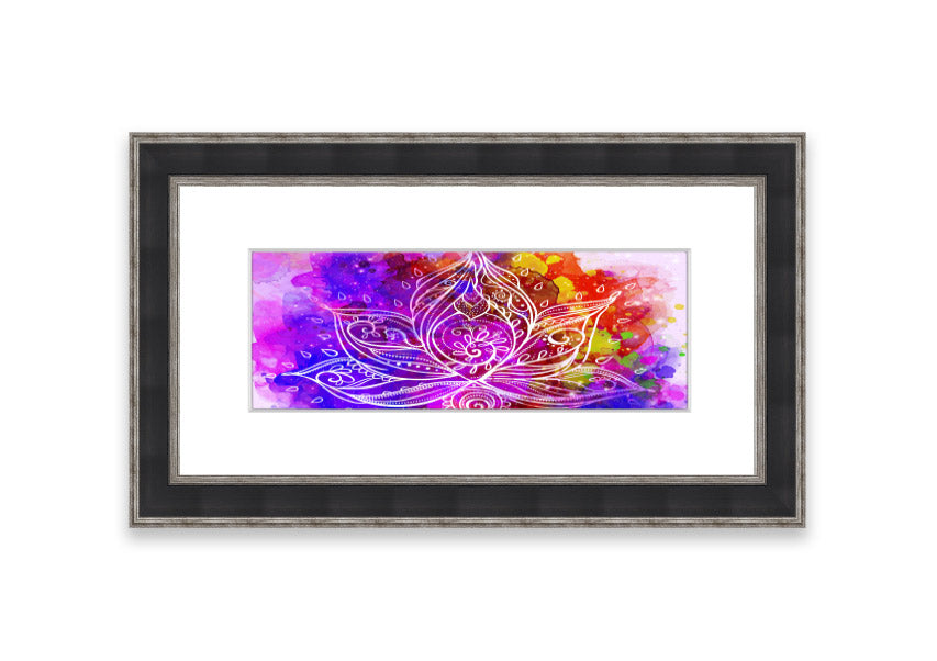 Framed print of abstract lotus leaves in various colors, elegantly displayed, ready to hang.