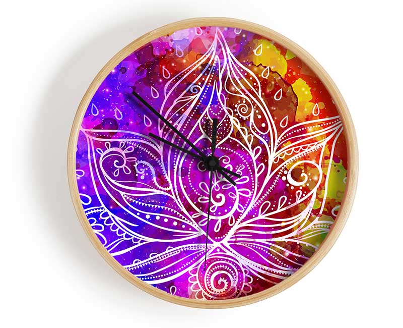 Abstract Lotus Leaves clock made from natural bamboo with a round face and clear Plexiglas lens, available in multiple colors.