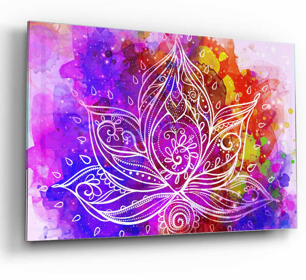 A modern glass print featuring abstract lotus leaves, showcasing vibrant colors and intricate designs, perfect for home decor.