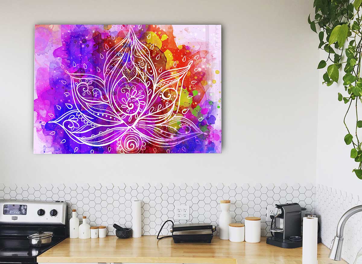 A modern glass print featuring abstract lotus leaves, showcasing vibrant colors and intricate designs, perfect for home decor.