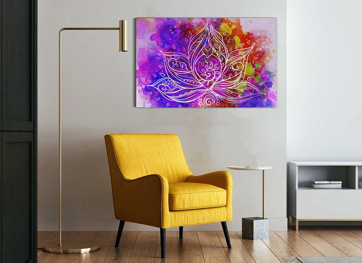 A modern glass print featuring abstract lotus leaves, showcasing vibrant colors and intricate designs, perfect for home decor.