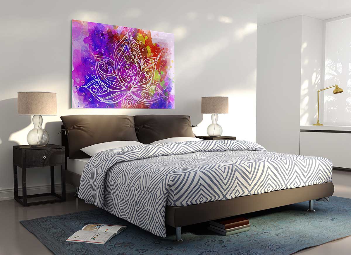 A modern glass print featuring abstract lotus leaves, showcasing vibrant colors and intricate designs, perfect for home decor.