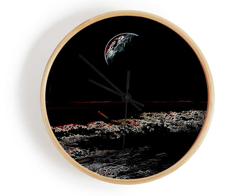 Abstract Moon clock made from natural bamboo with a round face and clear Plexiglas lens, available in black, white, and natural frame colors.