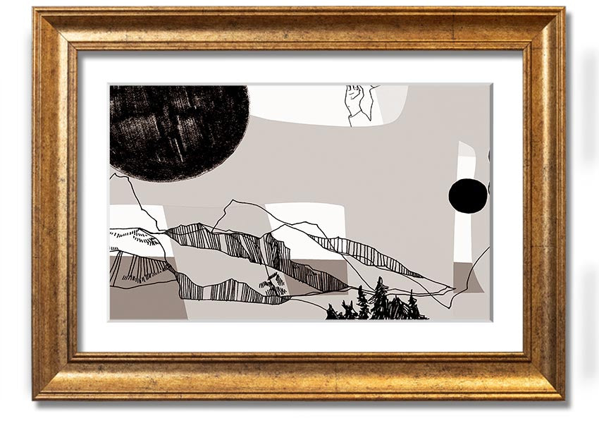 Abstract Mountain Beige framed print with a neutral beige palette, showcasing abstract mountain designs, ready to hang.