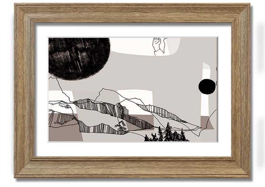 Abstract Mountain Beige framed print with a neutral beige palette, showcasing abstract mountain designs, ready to hang.