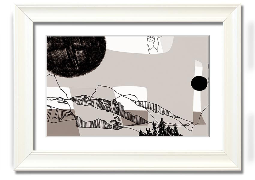 Abstract Mountain Beige framed print with a neutral beige palette, showcasing abstract mountain designs, ready to hang.