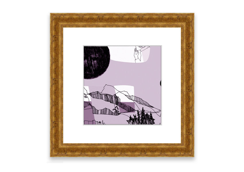 Framed print of Abstract Mountain Lilac artwork, showcasing abstract mountains in lilac tones, available in various frame colors.