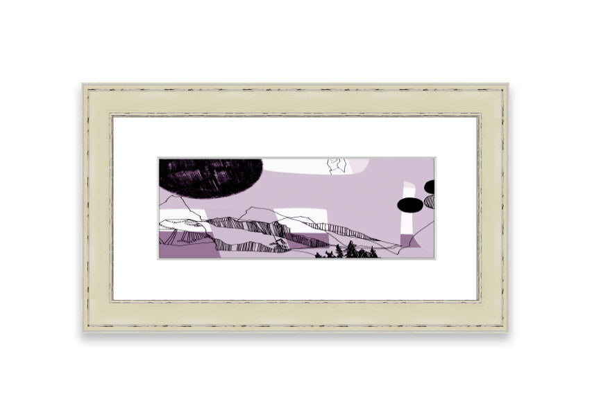 Framed print of Abstract Mountain Lilac artwork, showcasing abstract mountains in lilac tones, available in various frame colors.