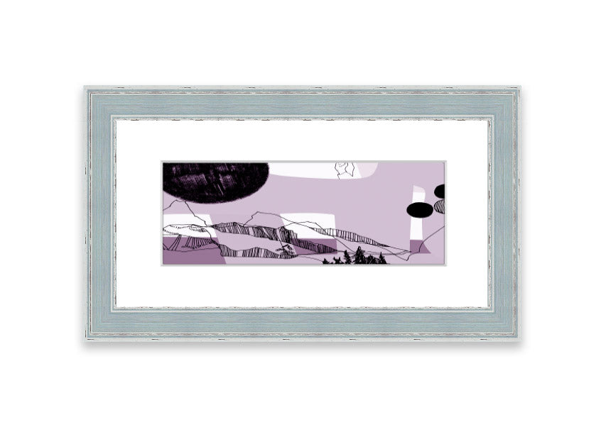 Framed print of Abstract Mountain Lilac artwork, showcasing abstract mountains in lilac tones, available in various frame colors.