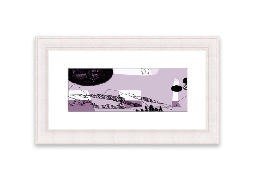 Framed print of Abstract Mountain Lilac artwork, showcasing abstract mountains in lilac tones, available in various frame colors.