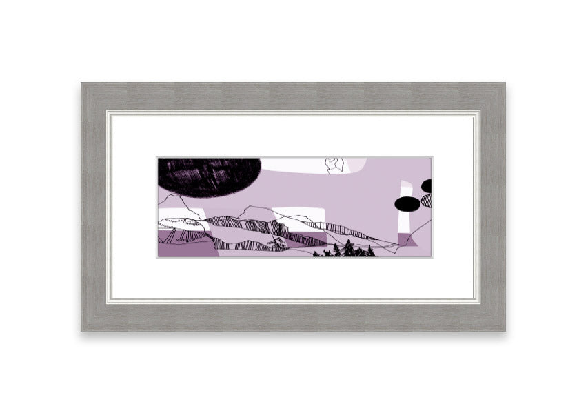 Framed print of Abstract Mountain Lilac artwork, showcasing abstract mountains in lilac tones, available in various frame colors.